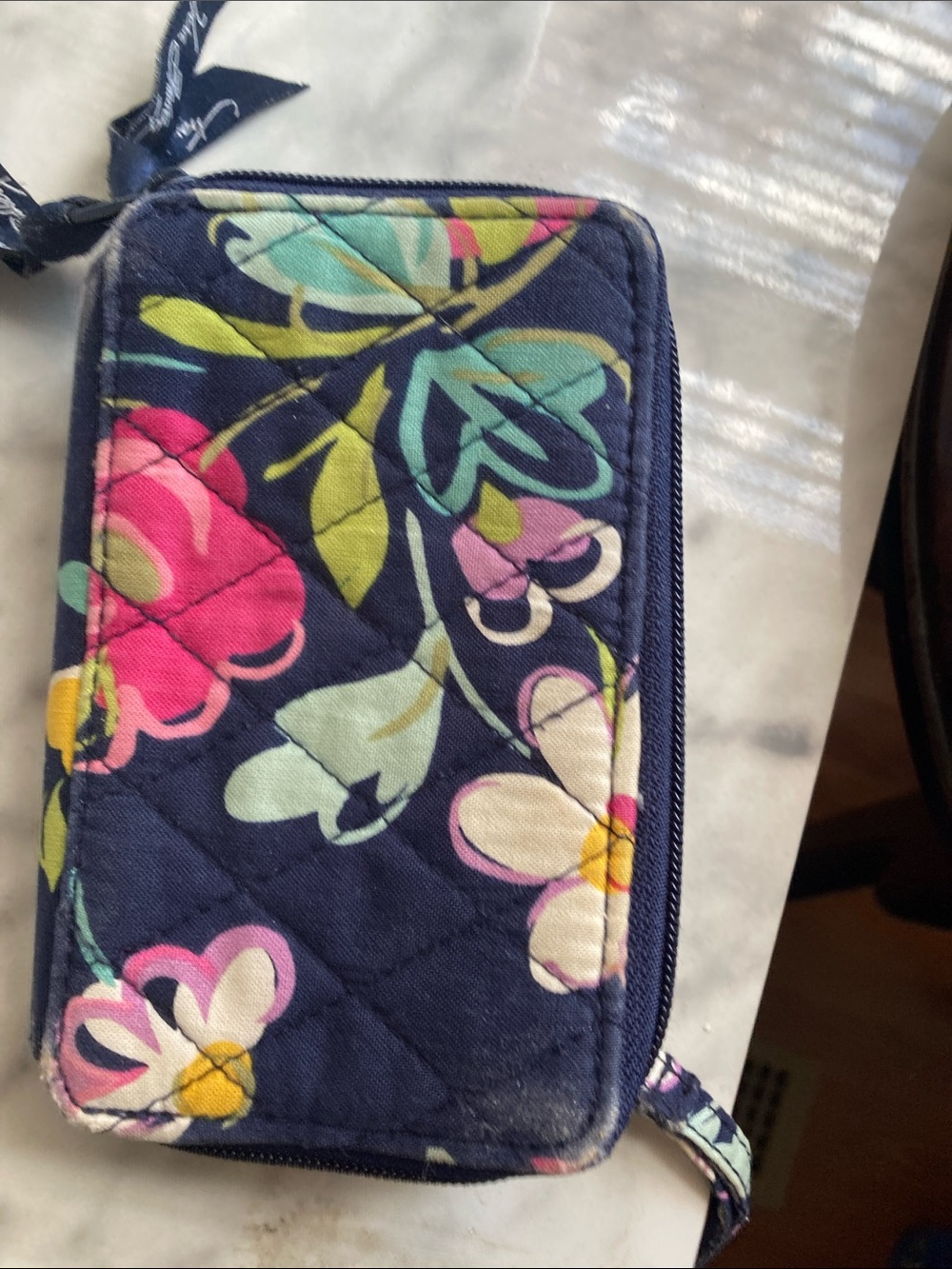 Vera Bradley Navy Floral Quilted Wristlet Wallet with Pink & Green Accents